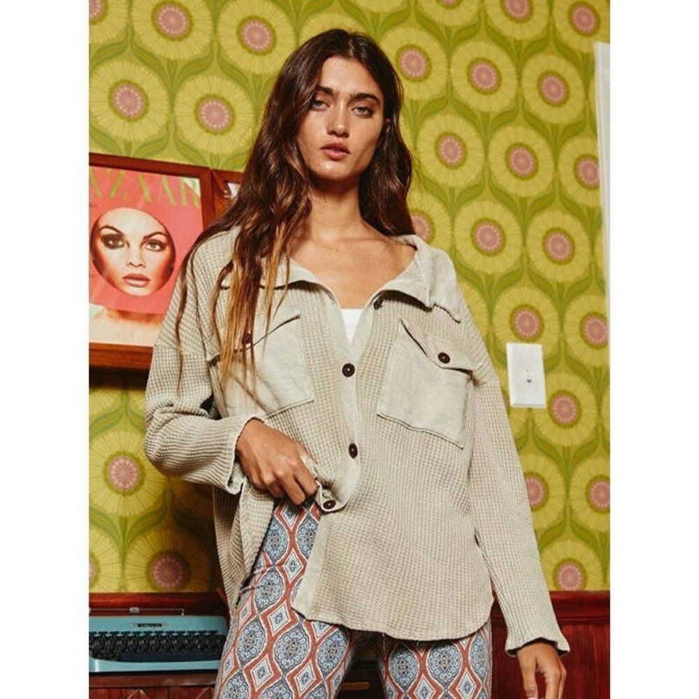 BUCKETLIST Waffle Knit Stone Color Women's Shacket Acid Wash Oversized New T1504